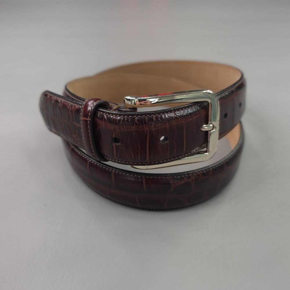 Tommy Hilfiger Belt Mens 38 Brown Croc Embossed Leather Silver Buckle Dress